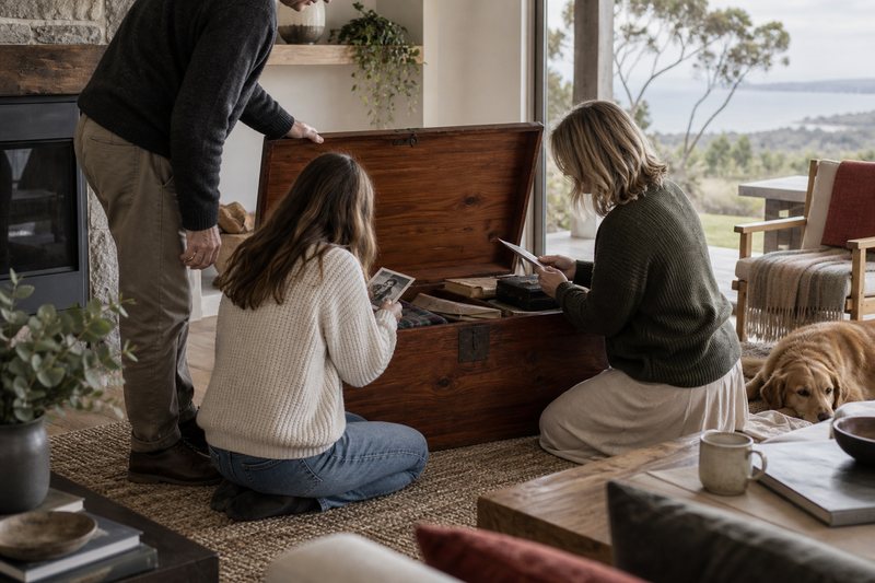 A family opening a timber heirloom chest