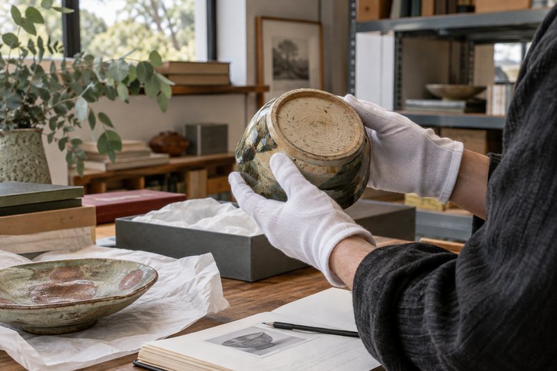 Gloved hands examining the base of a ceramic vessel