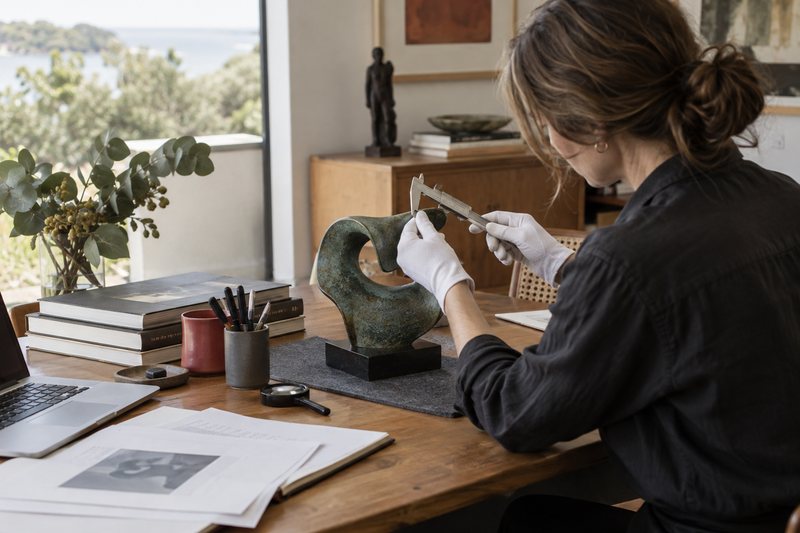 A specialist examining a sculptural object