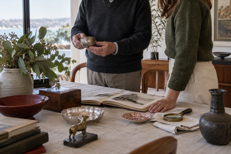 Two people reviewing a mixed group of heirloom objects