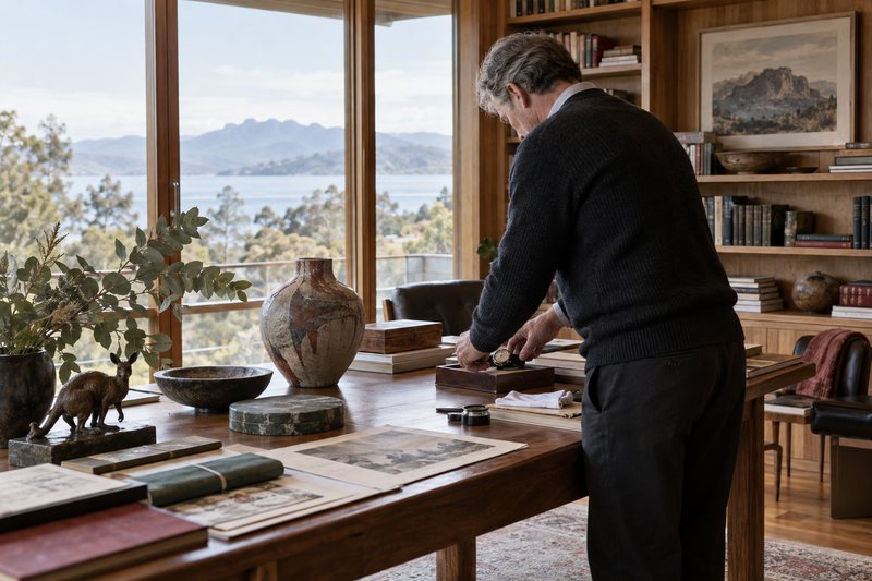 A collector arranging ceramics, a watch and archival papers in a light-filled Hobart study
